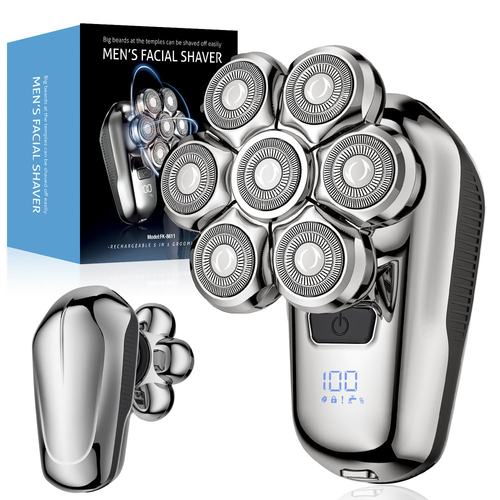 Magnetic 7-blade head shaver - digital display, adjustable speed, electric razor, full body washable