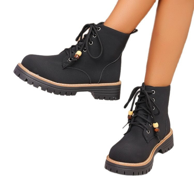 Women's chunky heel ankle boots for cross-border e-commerce, new spring/autumn  collection, roman style printed lace-up casual booties
