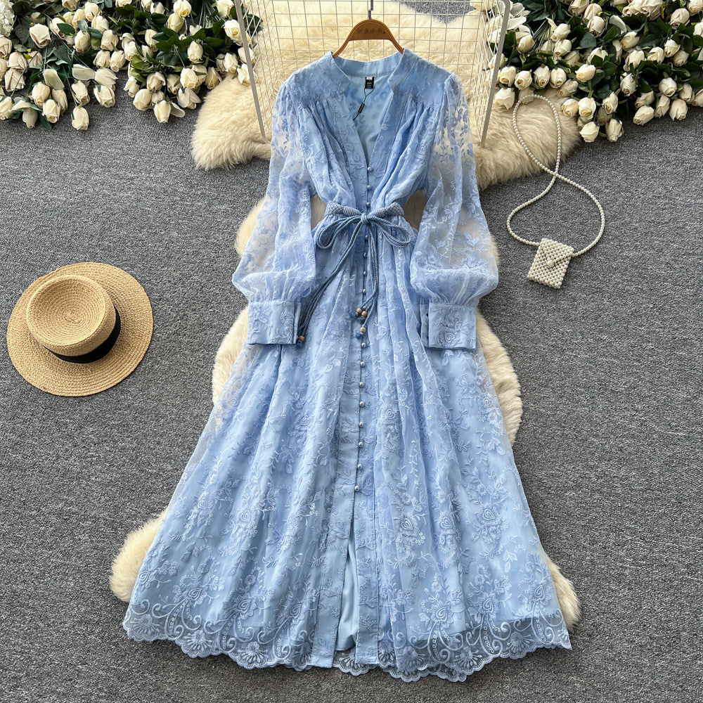 French court style v-neck lace embroidered dress - women's summer long sleeve, slimming a-line maxi dress, elegant and chic