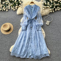 French court style v-neck lace embroidered dress - women's summer long sleeve, slimming a-line maxi dress, elegant and chic