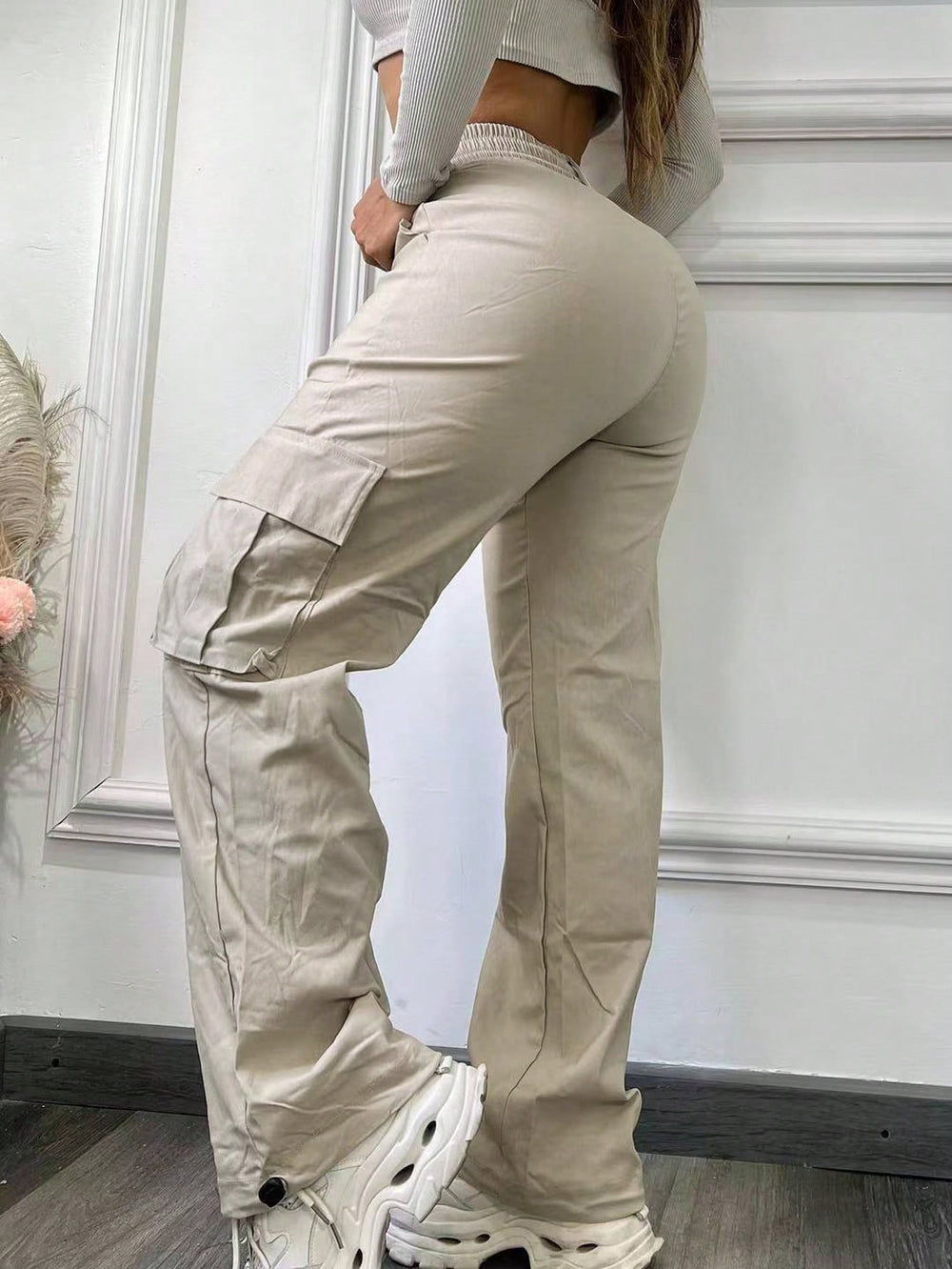 S391319 cross-border fashion high-waisted straight-leg pants - multi-pocket cargo style casual trousers for women