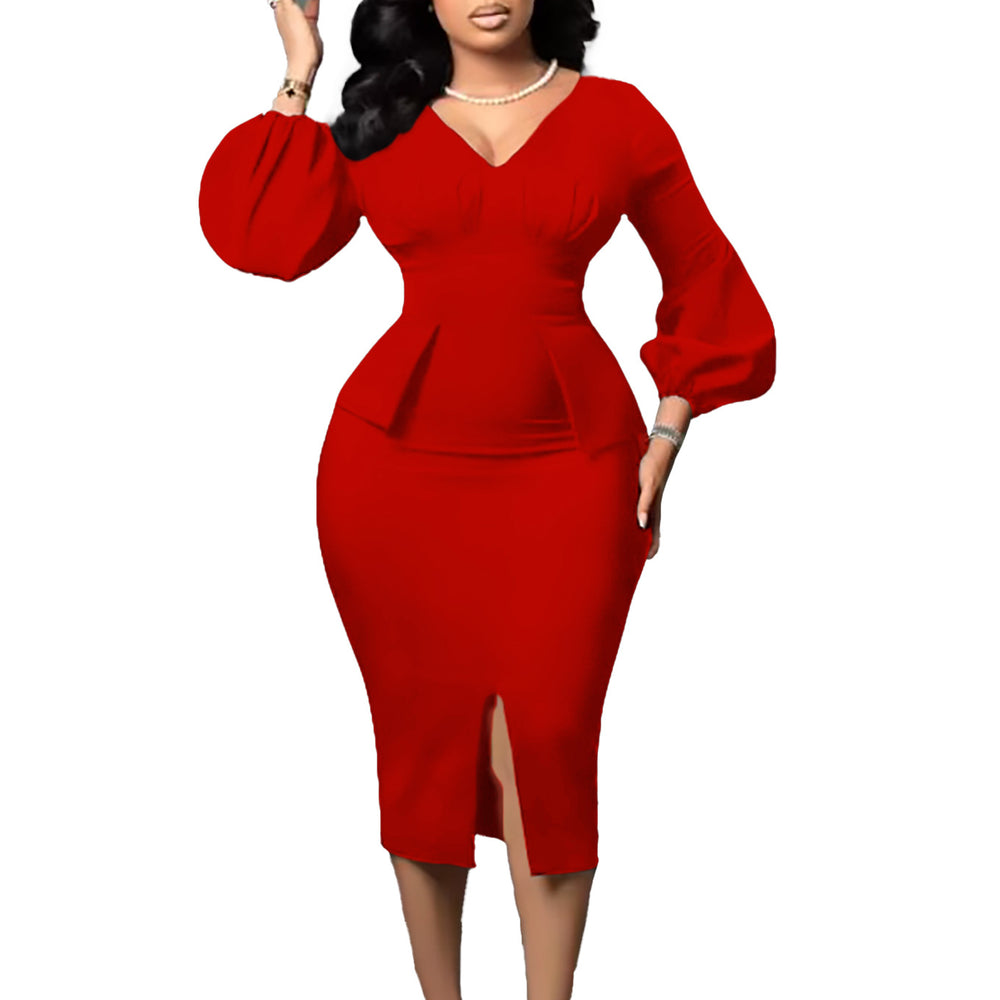 D354  european and american women's clothing v neck puff sleeve slit dress office pencil skirt african dress