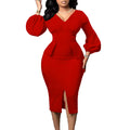 D354  european and american women's clothing v neck puff sleeve slit dress office pencil skirt african dress