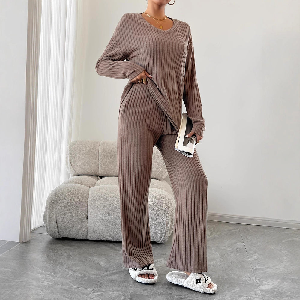 Influencer's choice:  fall/winter ribbed knit brushed cotton loungewear set - versatile for home or out, cross-border fashion casual