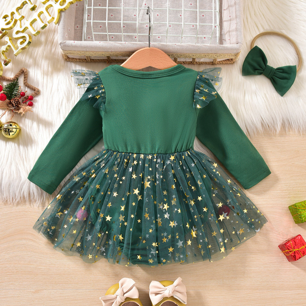 Baby girl christmas party outfit long sleeve patchwork mesh romper dress