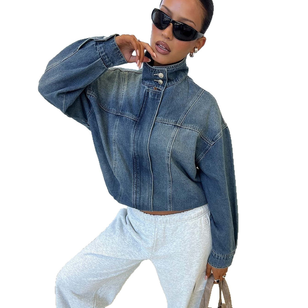 fashion style  spring autumretro washed stand collar casual denim jacketoutwearshortlong sleeves
