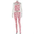 Fashion style cross-border printing stylish women's hip-covering backless pants suit halter tops tight pants two-piece set trendy
