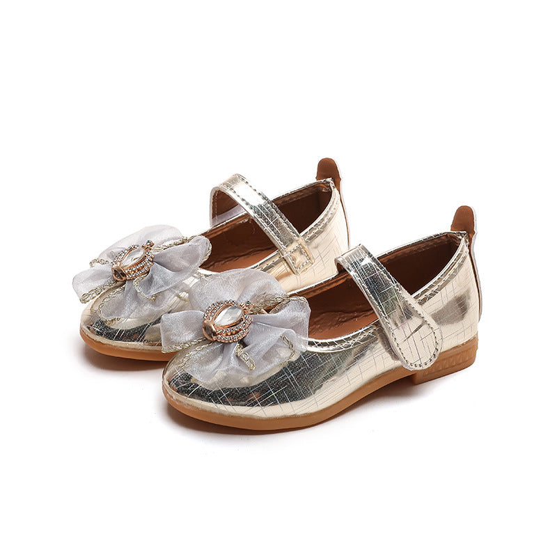 Girls'  spring new bowknot soft sole princess leather shoes for mid-to-large children - wholesale magic tape closure kids' shoes (direct from manufacturer)