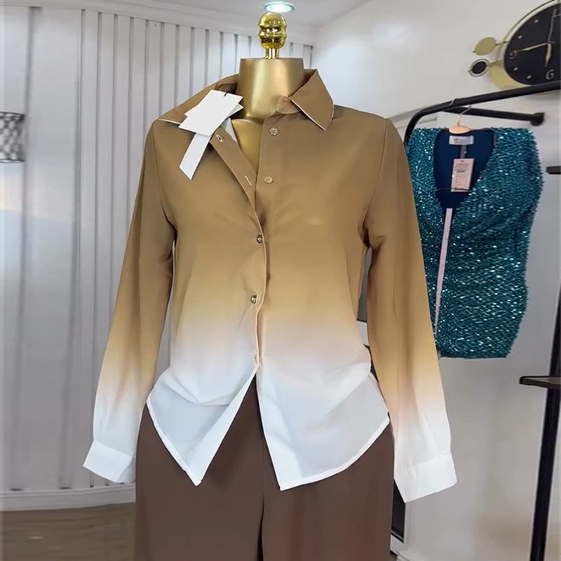 European and american women's clothing  autumn new collection: sweet and fresh gradient long-sleeve shirt and high-waisted straight-leg pants two-piece set