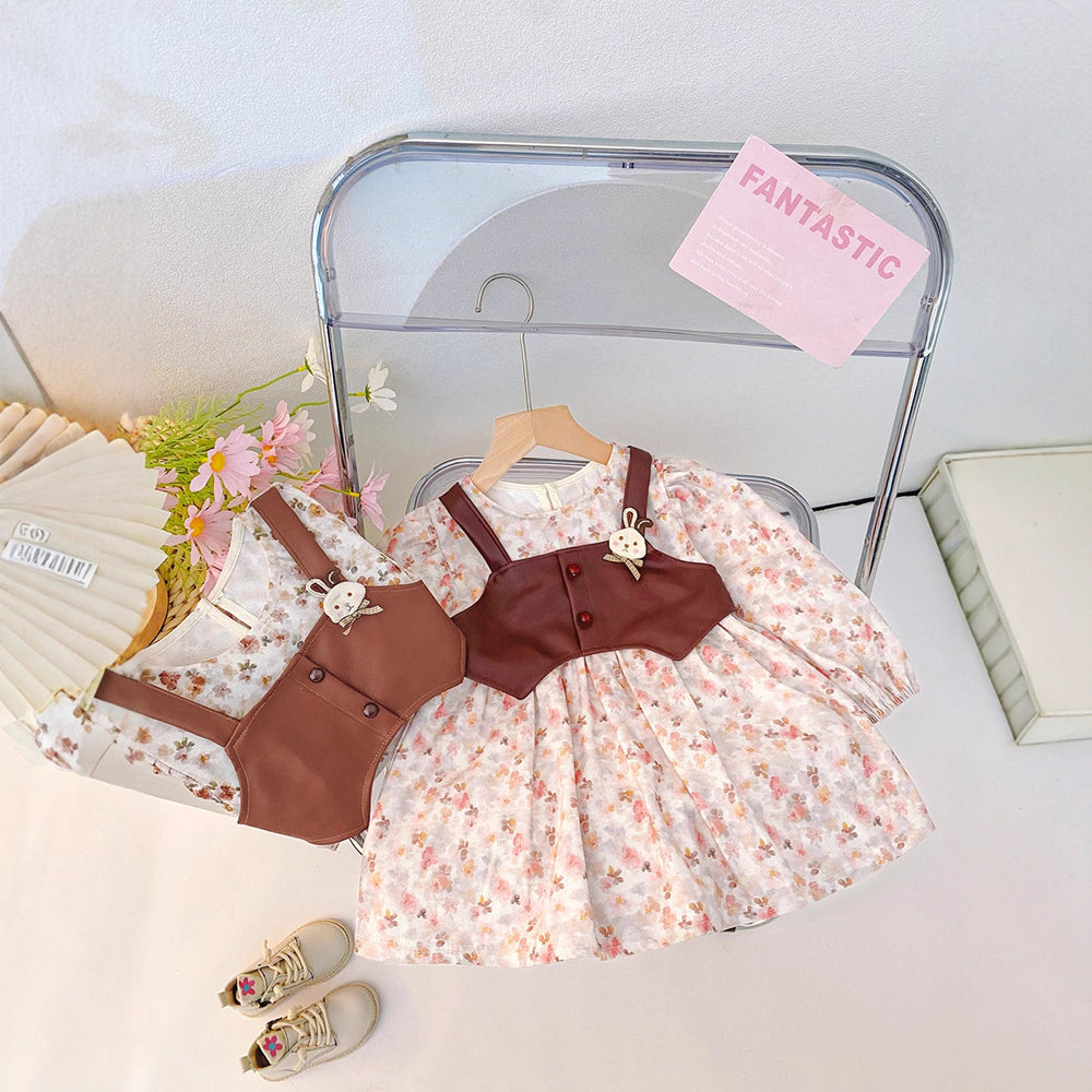 Trendy floral vest dress for baby girls - korean style, chic two-piece look, princess style dress - new autumn  collection