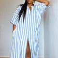 European and american cross-border african women's fashion:  autumn/winter new collection - stylish blue striped loose-fit button-down shirt dress