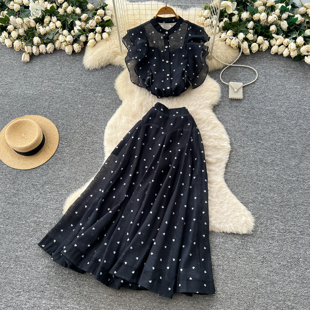 French chic two-piece set: women's gentle style round neck ruffle trim heart print top + high-waisted flared midi skirt