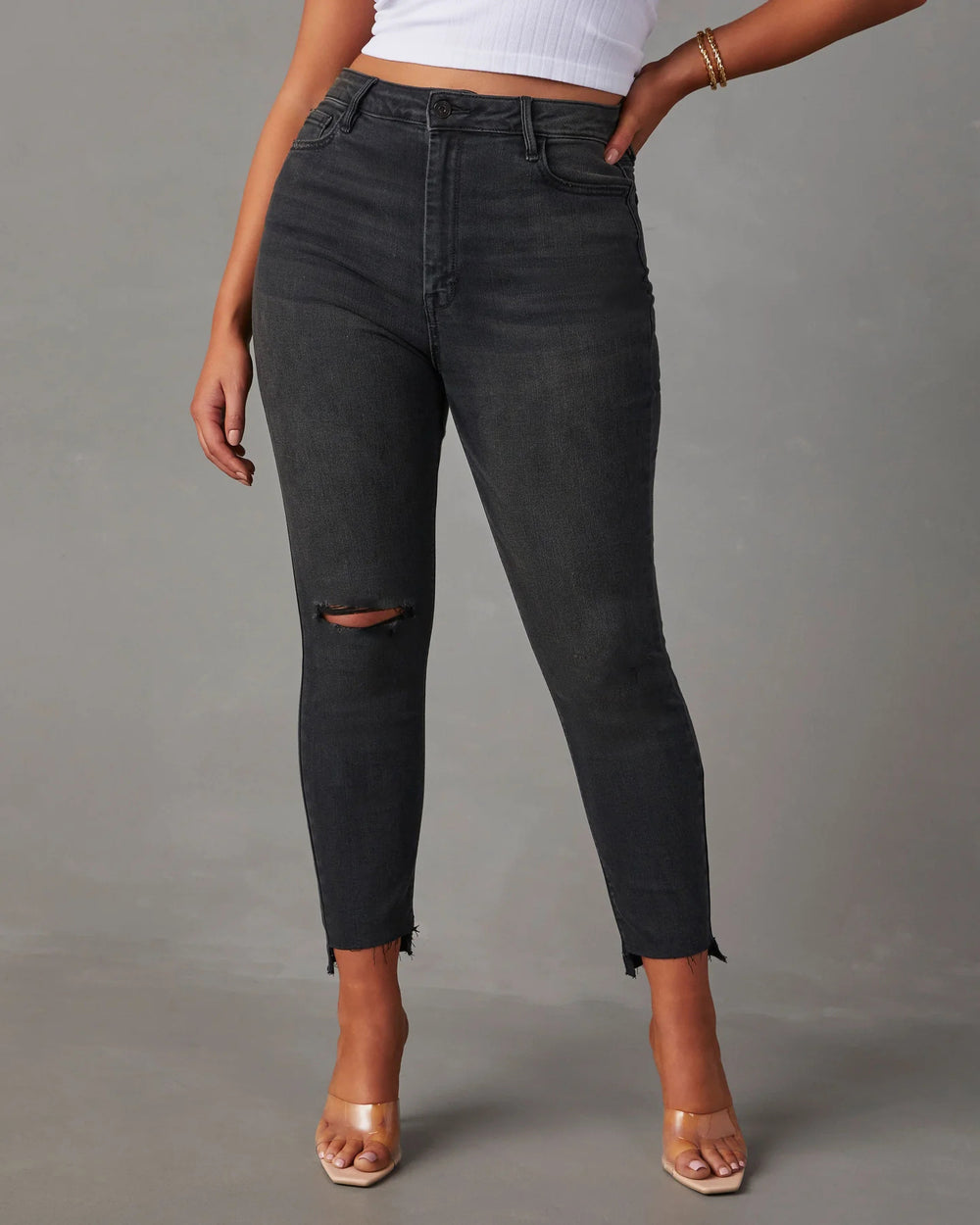 European and american stretch jeans for women,  new high-waisted, elegant, commuter-friendly skinny jeans, fashionable raw hem washed denim