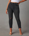 European and american stretch jeans for women,  new high-waisted, elegant, commuter-friendly skinny jeans, fashionable raw hem washed denim