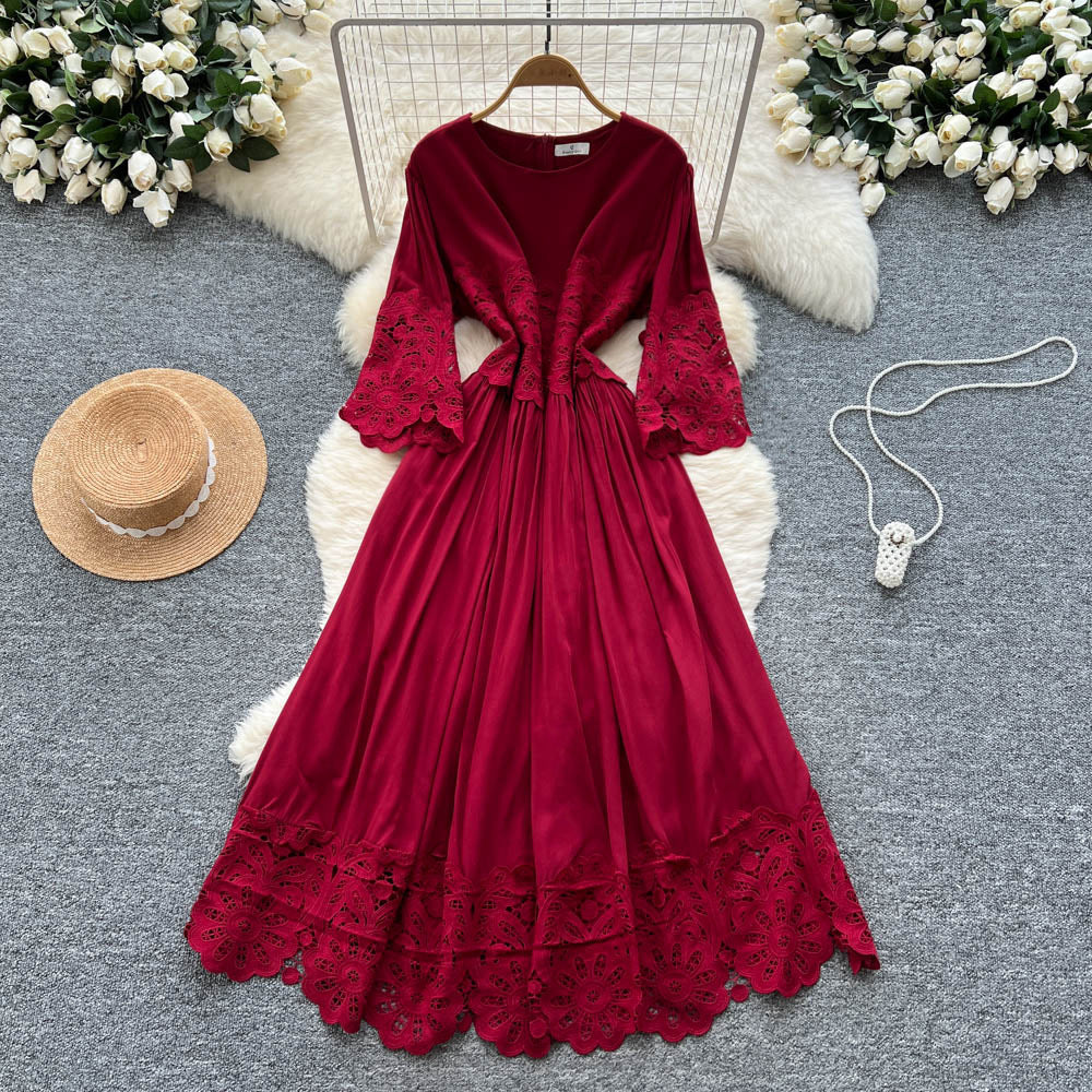 French court style three-quarter sleeve dress - women's summer mesh hollow-out crochet design, elegant flowy maxi dress