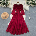 French court style three-quarter sleeve dress - women's summer mesh hollow-out crochet design, elegant flowy maxi dress