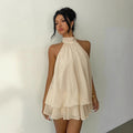 European and american cross-border  new collection: slim-fit, sexy, backless, halter neck, cinched waist top with flared mini skirt dress for women