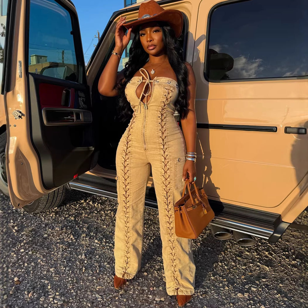 European and american style tube top jumpsuit  cross-border women's clothing sexy hot girl side straps distressed denim jumpsuit