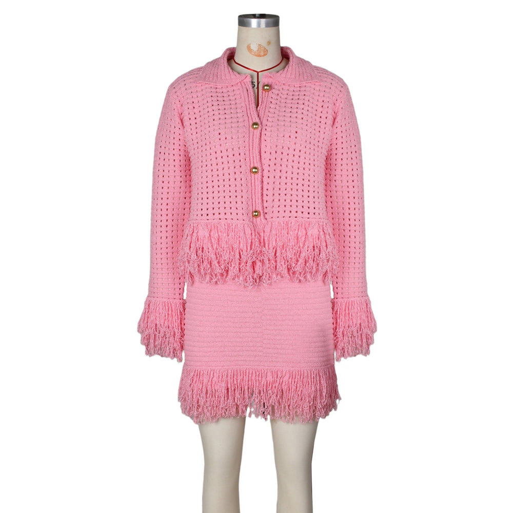 e-commerce  european and american spring women's lapel tassel knitting shirt outwear half-length hip skirt fashionsuit