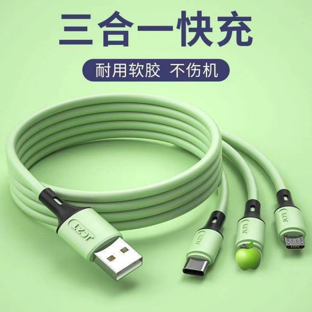 Liquid silicone 3-in-1 charging cable, 3a fast charge, usb cable for apple, huawei, and android devices