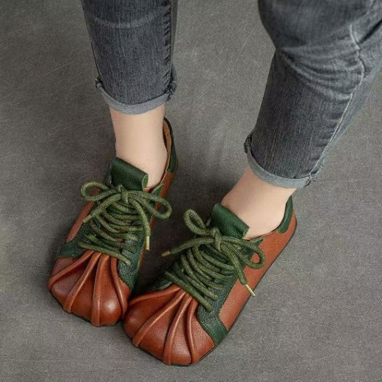 Retro round toe soft leather women's shoes 2026 new arrival soft leather soft bottom tie back shoes women's flatseasiest for match loafers