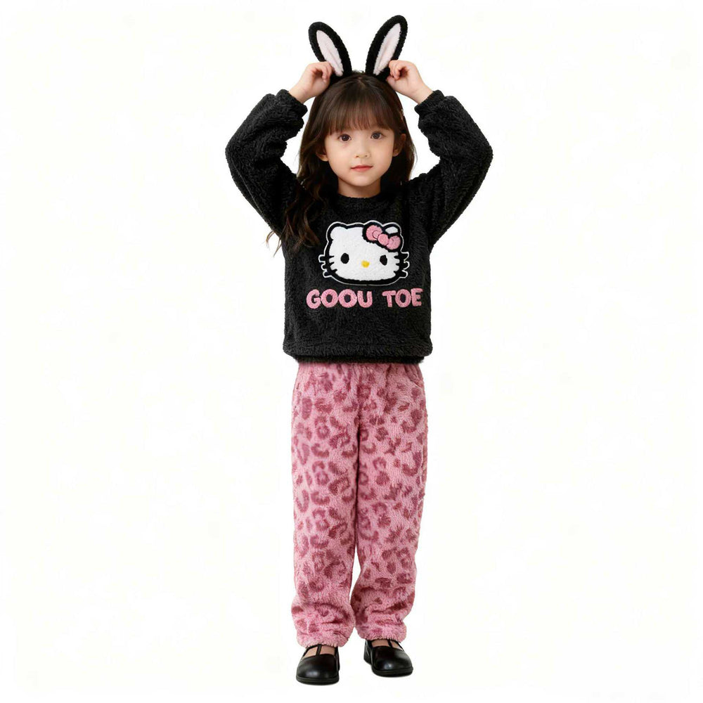 【matching family set】autumn/winter girls' leopard print half-fleece pajamas - new styles for older girls, wholesale winter home wear