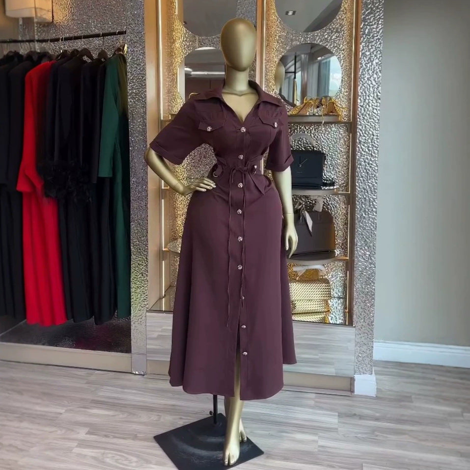 European and american cross-border women's fashion:  summer new arrival - elegant commute single-breasted lapel tie-waist shirt dress