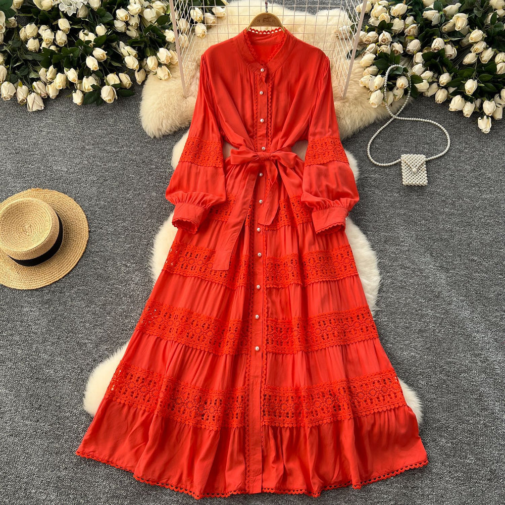 Frenchretrolacepatchwork lantern long sleevesdress women's tie back waist single breasted large swing palace style long skirt