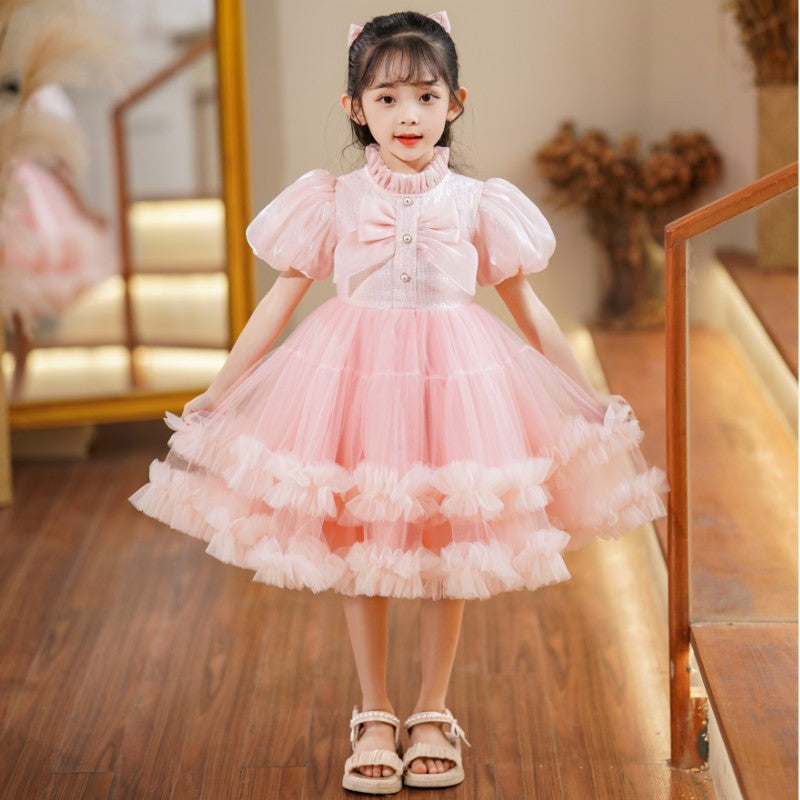 Ready-to-ship wholesale children's clothing: puff sleeve sequin mesh tutu princess dress, girls' kids dress