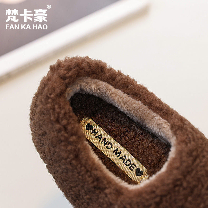 Fanka hau girls' fall/winter fleece-lined lambswool outdoor cotton shoes,  new slip-on solid color fuzzy slippers