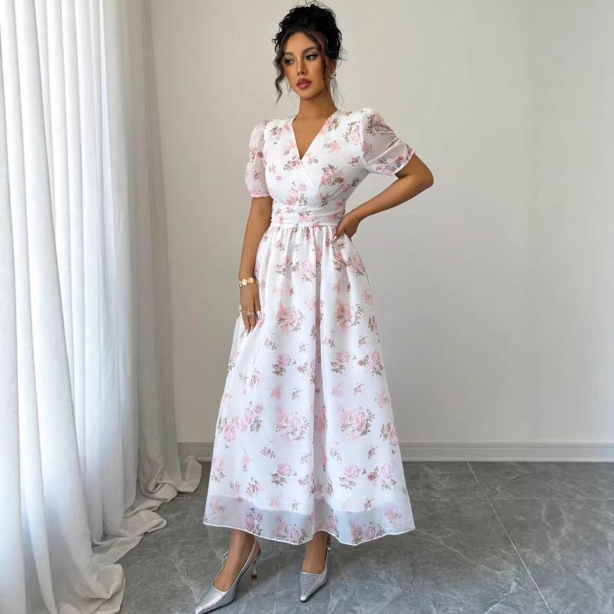 new european and american style bubble sleeve floral print v-neck midi dress