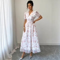 new european and american style bubble sleeve floral print v-neck midi dress