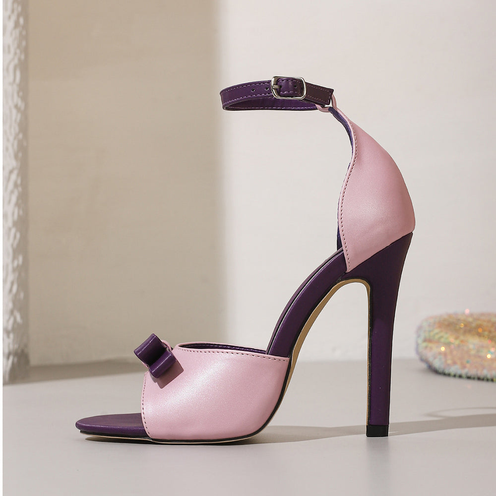 2025 summer new women's shoes bowknot open-toe ankle strap pink-purple sexy high heel sandals stiletto heel