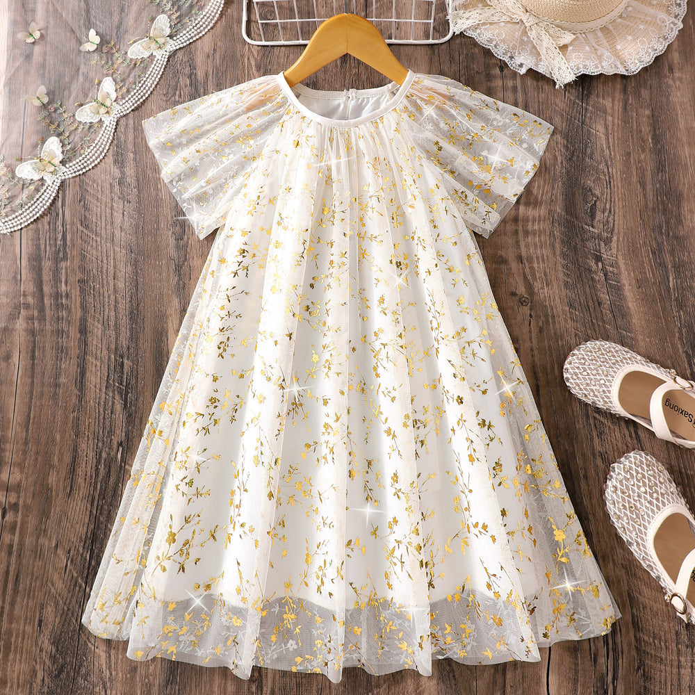 Girls' dress for toddlers and young children, leaf print mesh dress