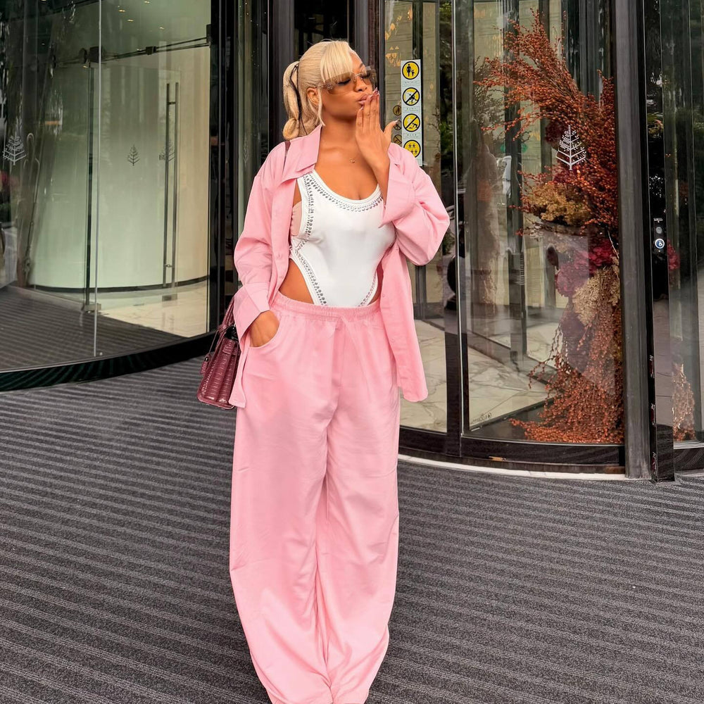 European and american cross-border women's clothing  summer new arrival: elegant casual loose fit turn-down collar long sleeve shirt and wide leg pants set