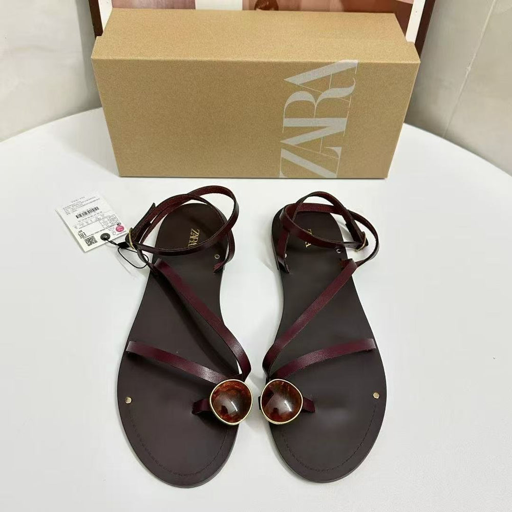 Za women's flat fairy style thin strap sandals 2025 new summer one-strap buckle clip-toe roman sandals