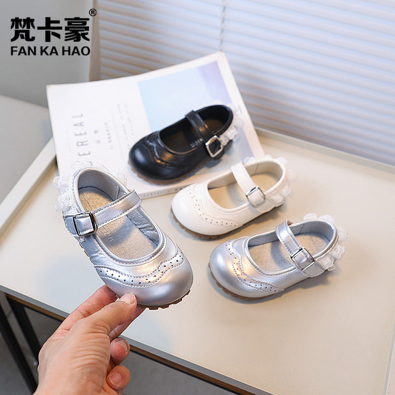 Girls' lace-trimmed princess shoes, new autumn  korean style, soft-soled black leather shoes for toddlers and little girls