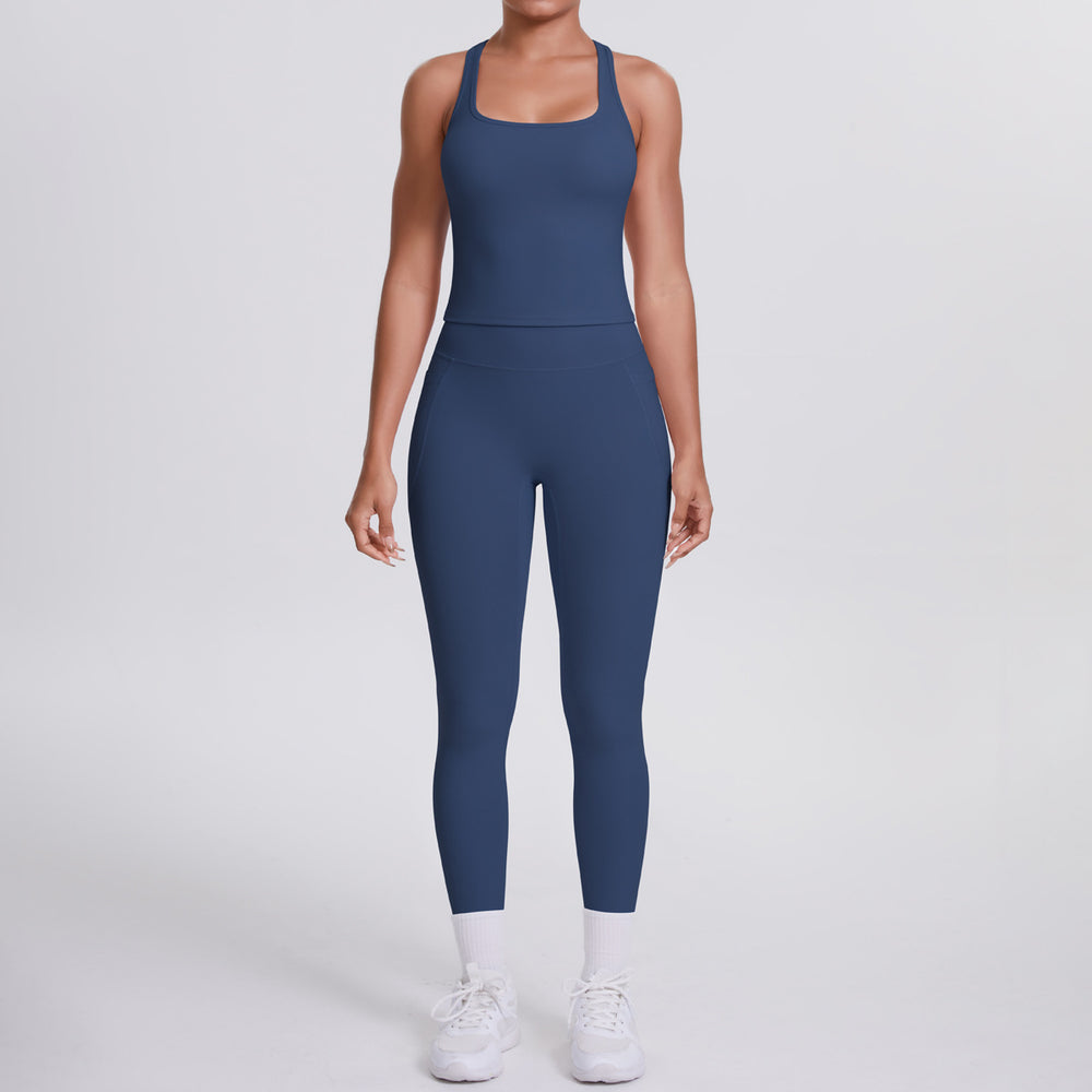 Naked-feel, form-fitting yoga set featuring a racerback design, high-waisted leggings with butt-lifting effect, and pockets. perfect for outdoor activities, casual wear, running, and gym workouts