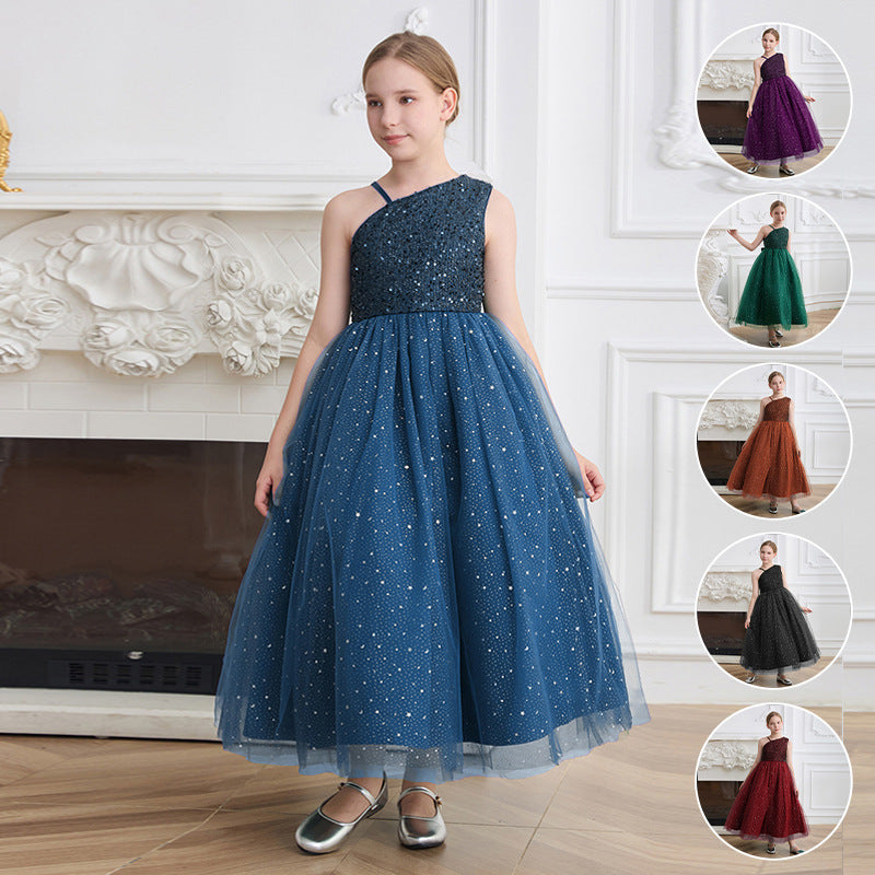 European and american export custom girls' dresses - one-shoulder, off-the-shoulder formal gowns - high-end sequin runway host/performance costumes for children