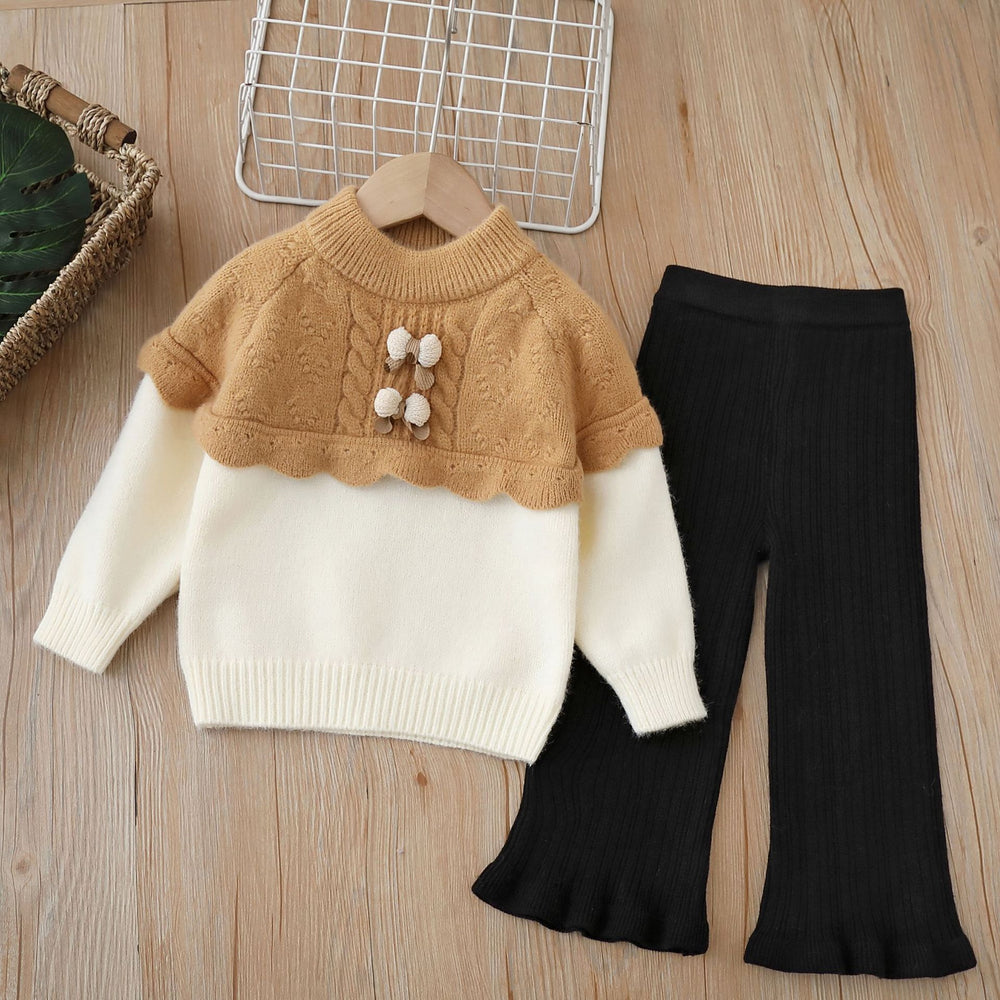 Girls' knitted sweater two-piece set: round neck, handmade floral detail, autumn/winter  new collection, pullover knitwear outfit for little girls