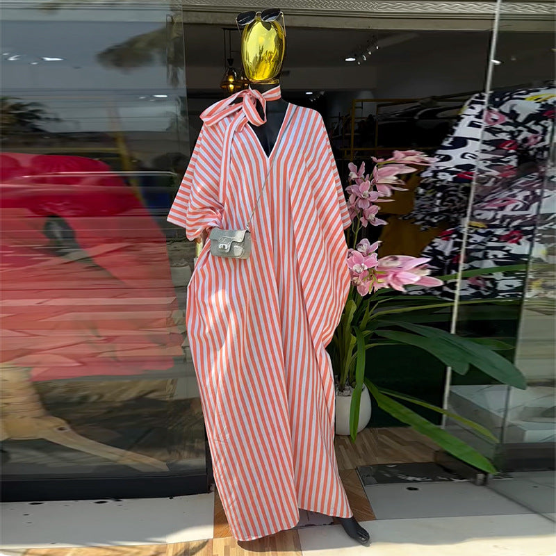 European and american women's clothing 2020 autumn new sweet and fresh loose plus size striped batwing sleeve maxi dress