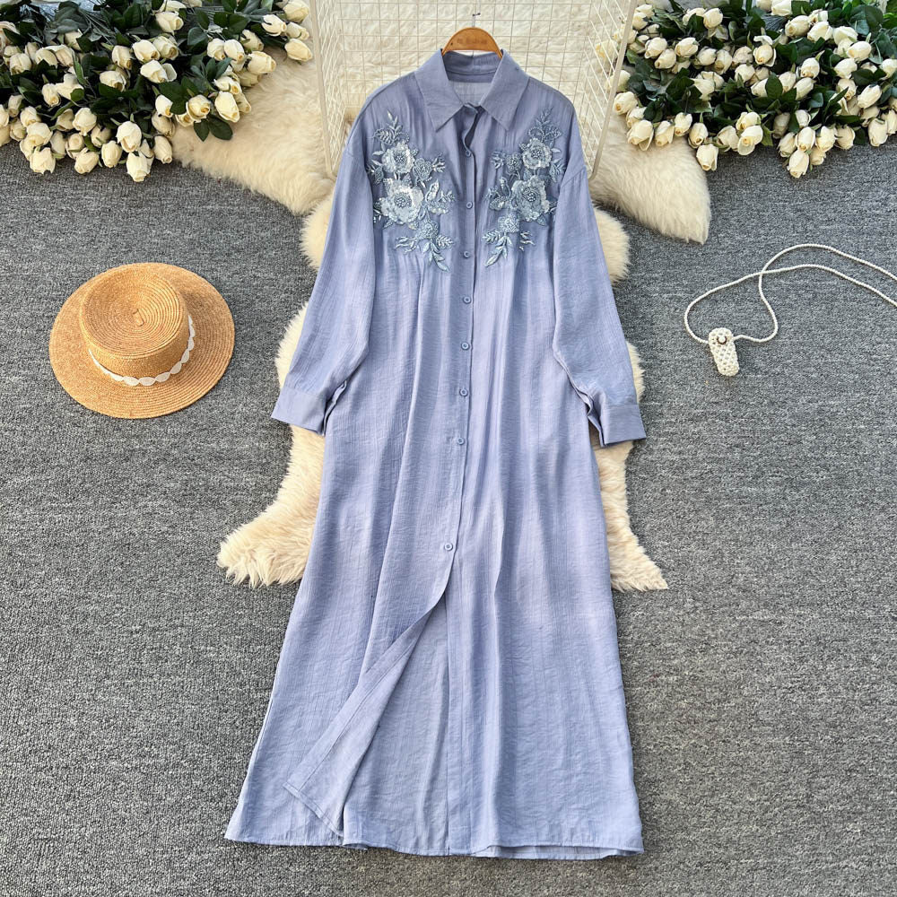 French retro 3d floral embroidered red a-line dress - women's autumn korean style long sleeve slimming elegant maxi dress