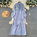 French retro 3d floral embroidered red a-line dress - women's autumn korean style long sleeve slimming elegant maxi dress