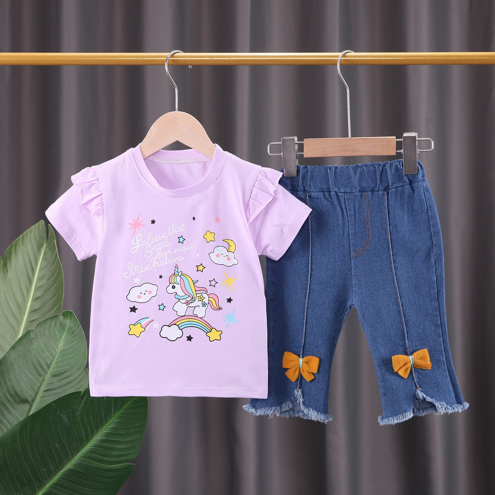 Girls' summer outfit  new kids' cartoon letter short sleeve rainbow pony casual denim two-piece set
