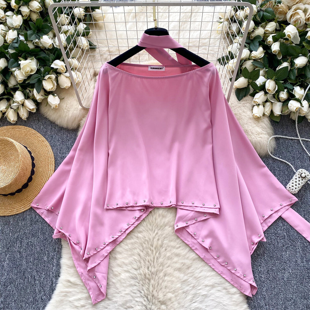 Classy sense of niche autumn wear lazy style asymmetrical bat sleeve shirt women's autumfashion beaded loose blouse trendy