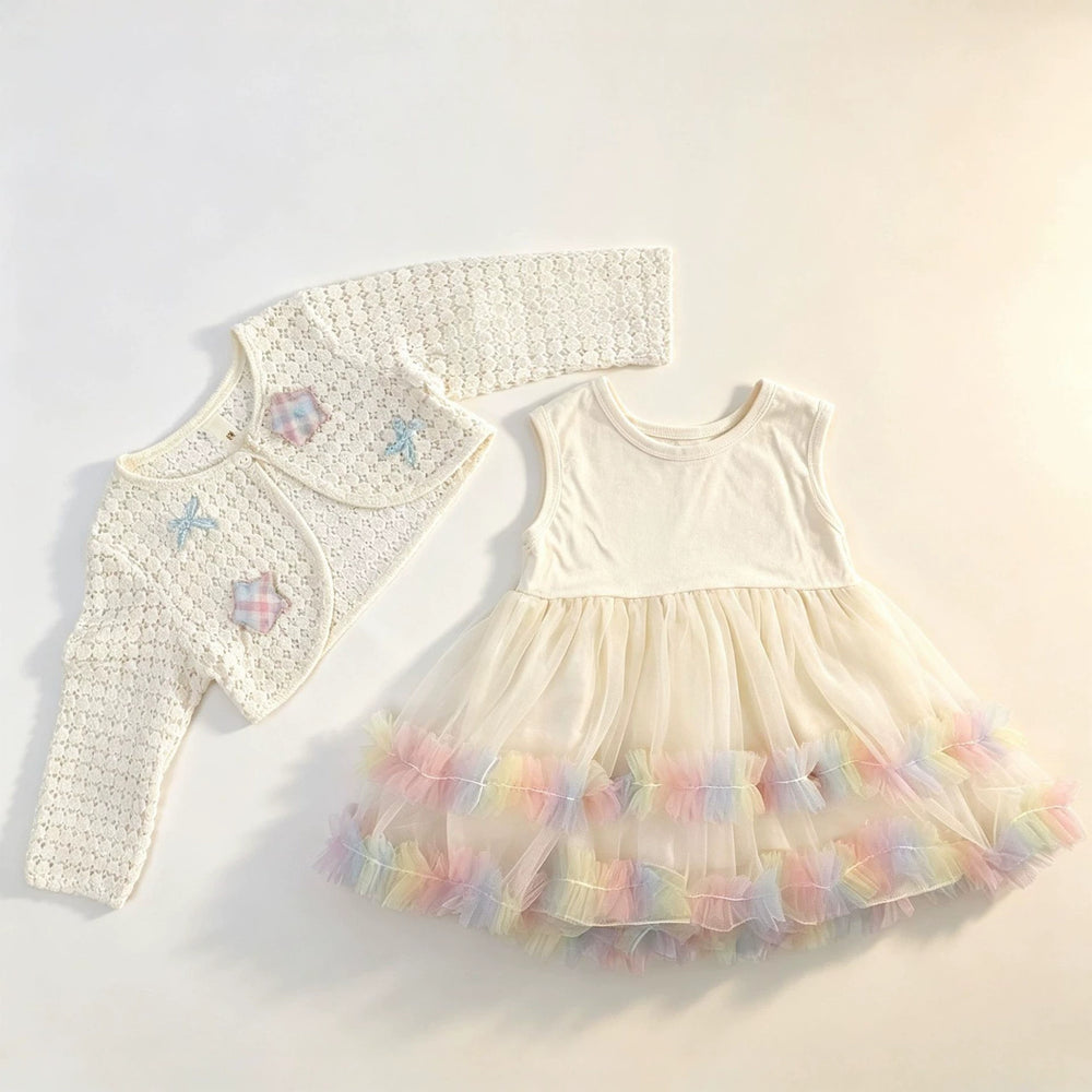 Girls' autumn outfit: korean style children's clothing, fresh plaid star pattern girl's set, hollow knit vest with gradient detail