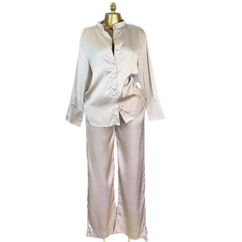 European and american cross-border women's fashion:  autumn new arrivals - casual loose fit long sleeve shirt & high-waisted wide leg pants fashion set