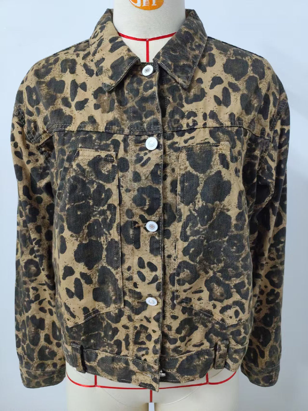 European and american cross-border e-commerce  polo collar long sleeve metal single-breasted leopard print casual washed denim jacket