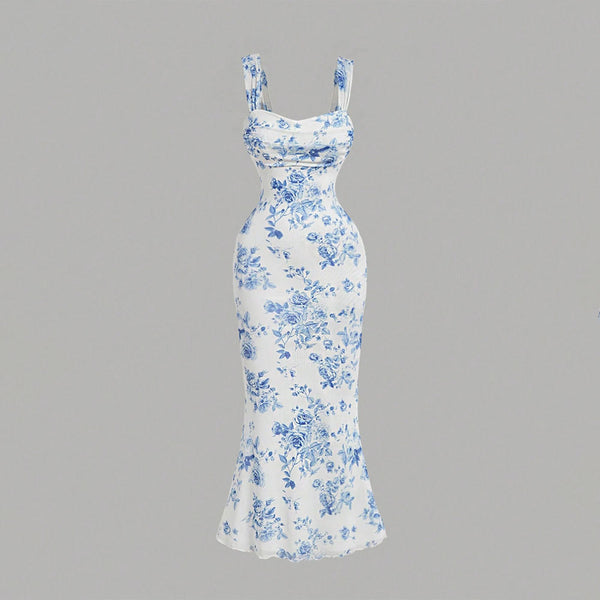 women's clothing, European and American sexy style suspender floral dress, summer new high-waisted hip-wrapped dress