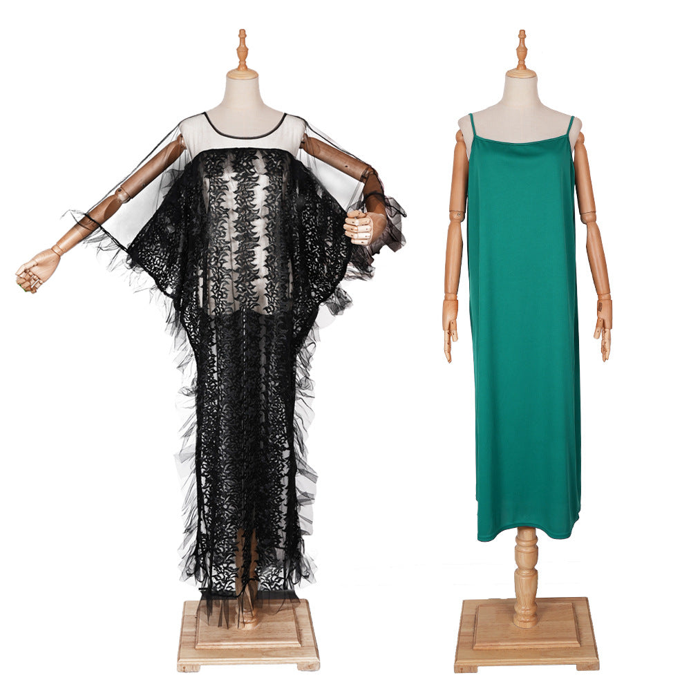 Fashion cross-border foreign trade  mesh patchwork dress african plus size women's suspender skirt two-piece setin stock